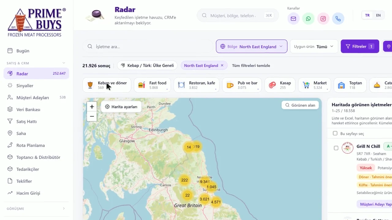 CRM satış radarı: haritadaki işletme kümeleri ve aday listesi; örnek veriler.